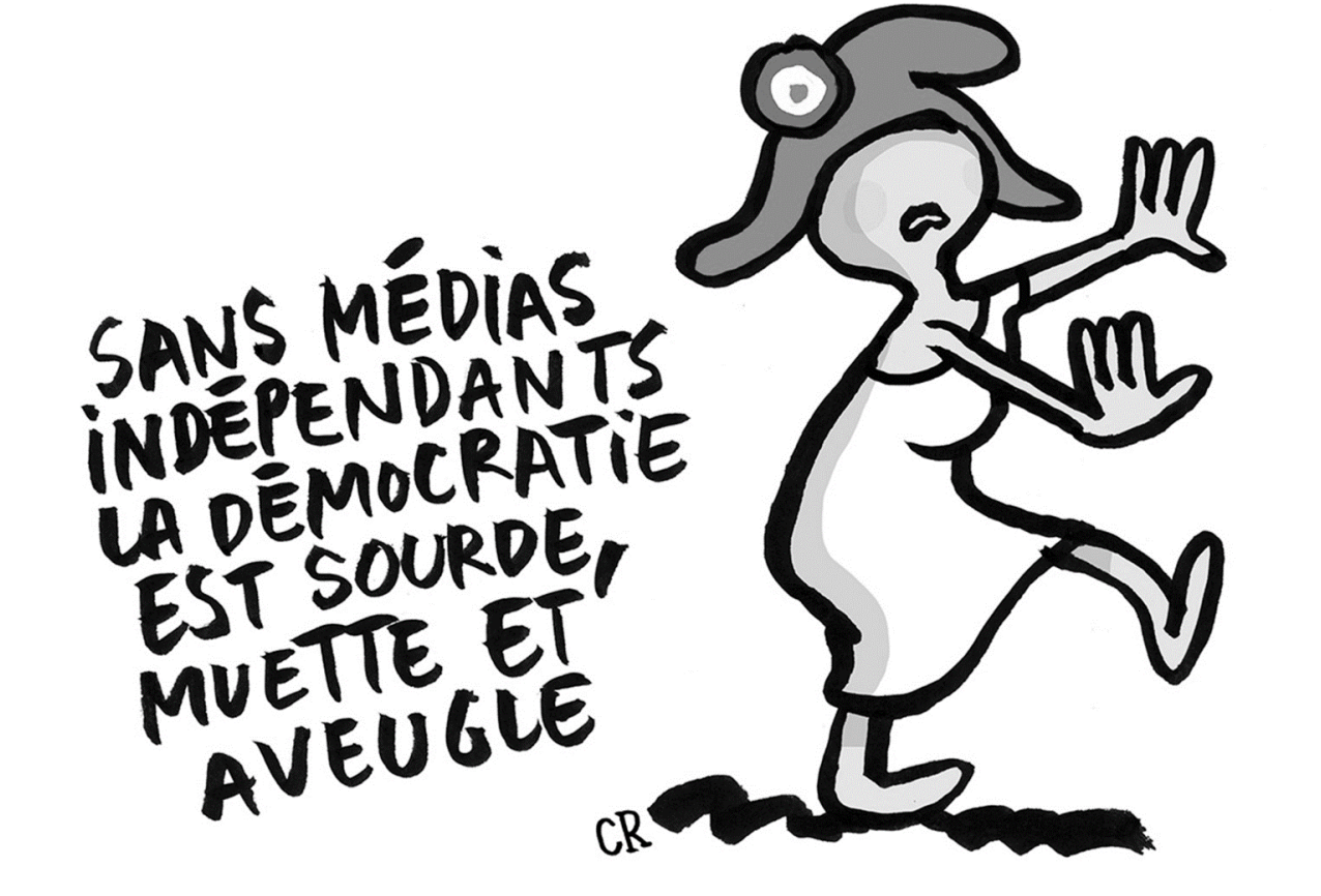 Schwarz-weiß-Cartoon: blinde Figur mit ausgestreckten Händen neben französischem Schriftzug über unabhängige Medien